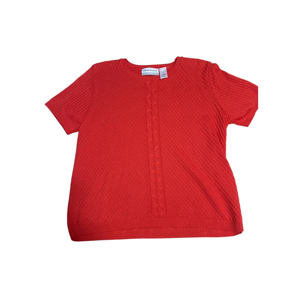 Alfred Dunner Red Short Sleeve Cable Knit Sweater Top Petite Large PL USA Made